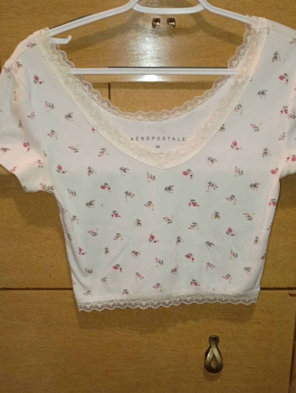 Aeropostale White Crop Bandeau with Pink Floral Print & Lace Trim